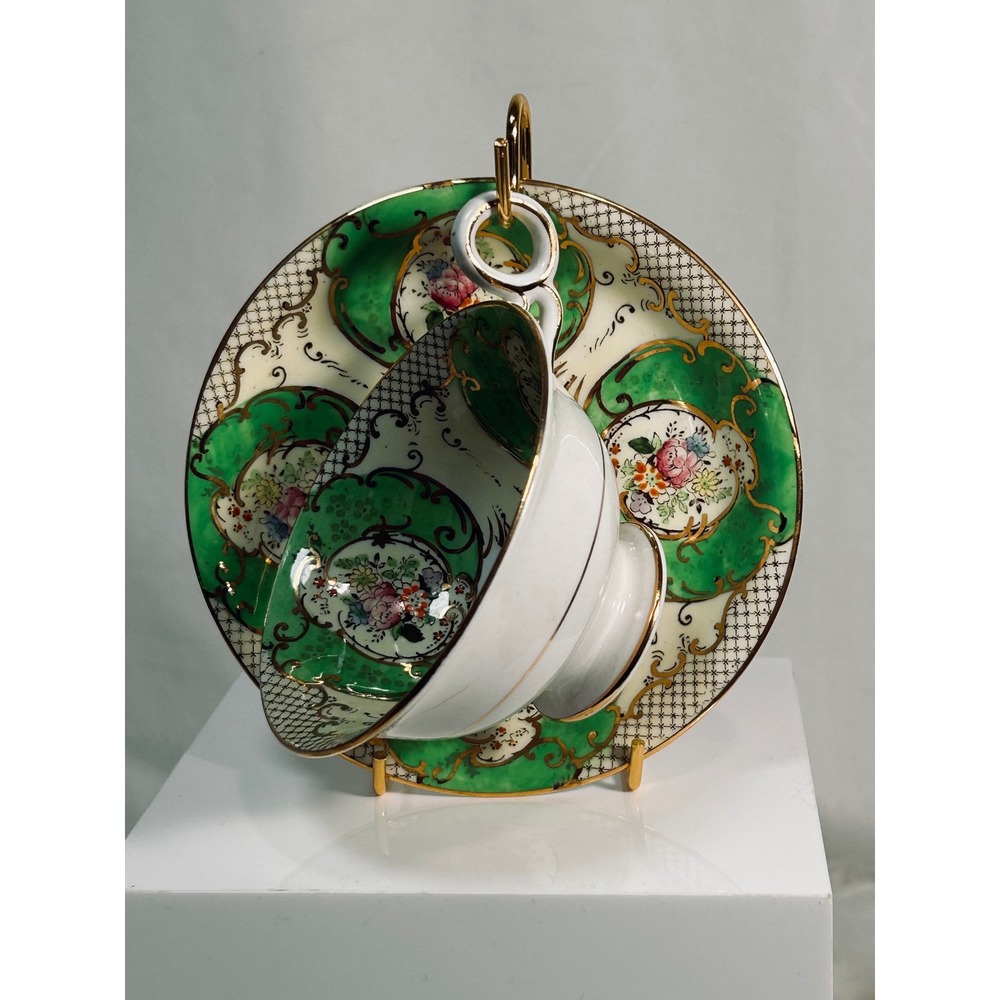Regent Bone China Fenton England Teacup Saucer Green Gold Floral 4865 Vintage